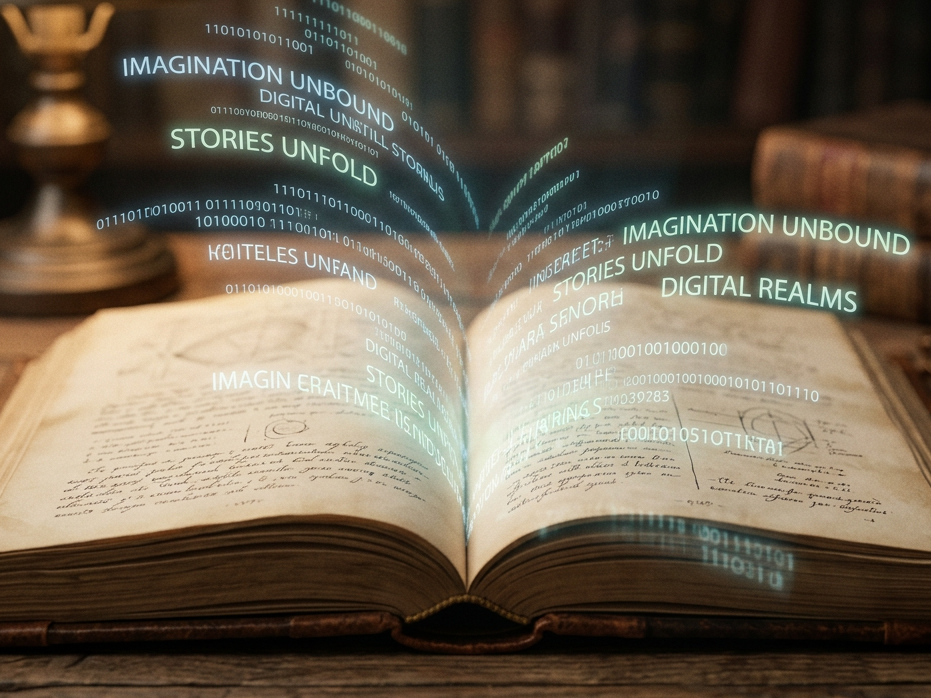 Open old book with glowing digital text and binary code emerging from pages