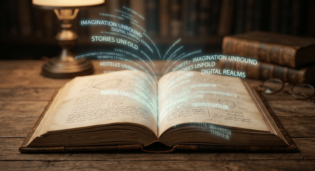 Open old book with glowing digital text and binary code emerging from pages